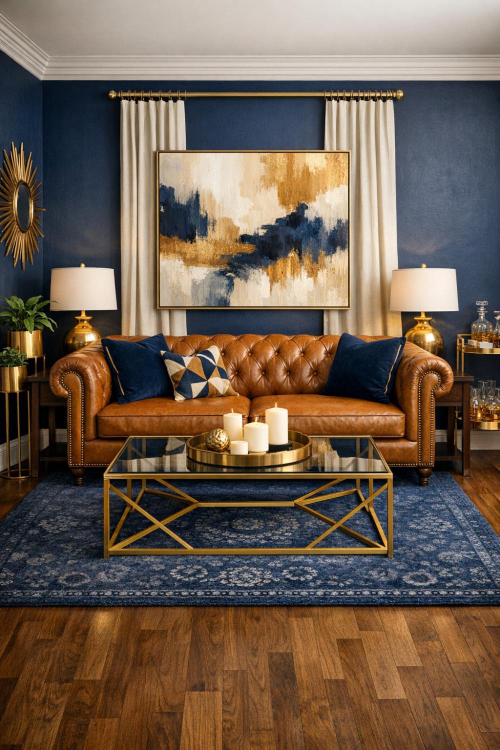 Navy Blue And Tan Living Room With Brass Accents