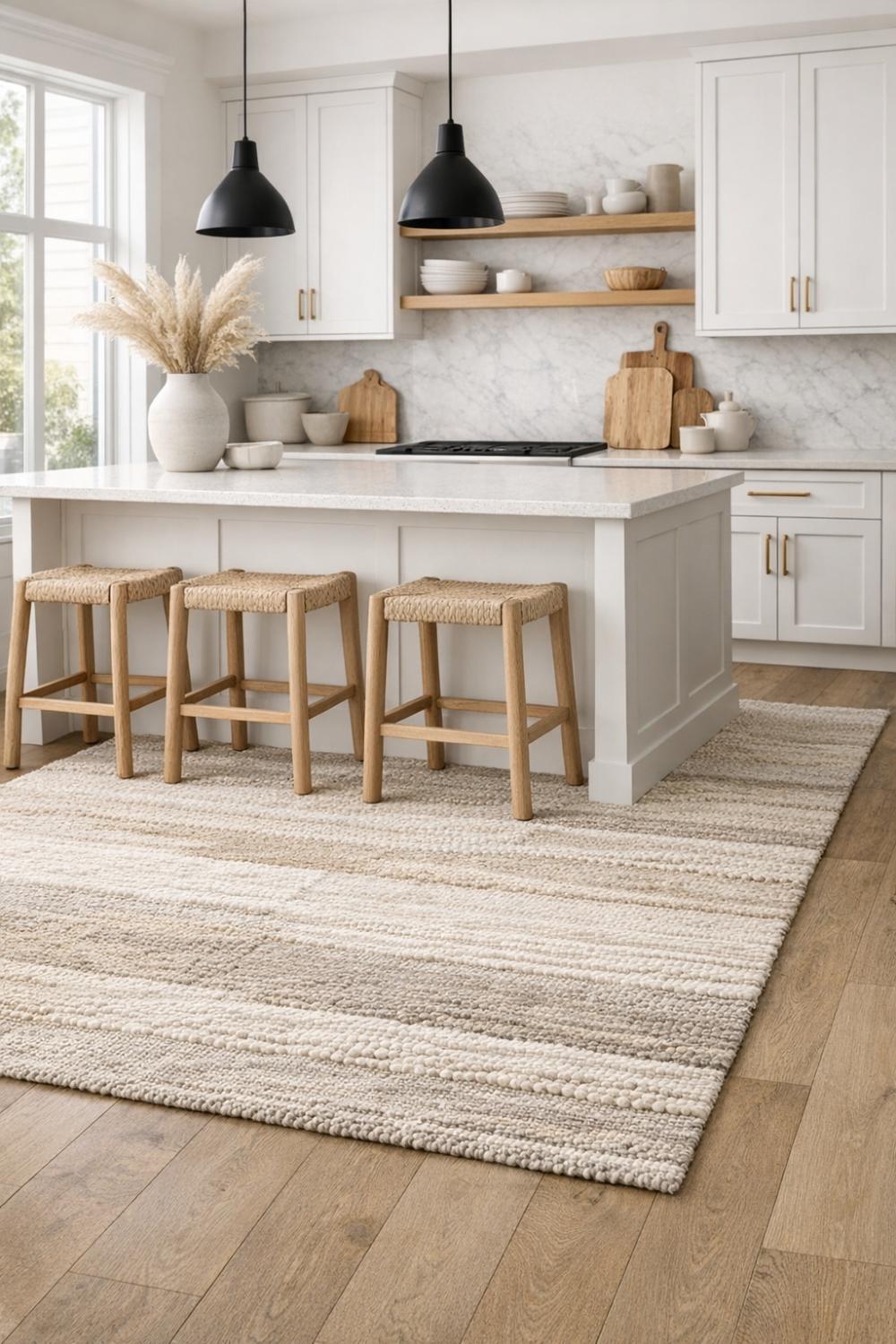 Neutral Cream Textured Farmhouse Kitchen Rug