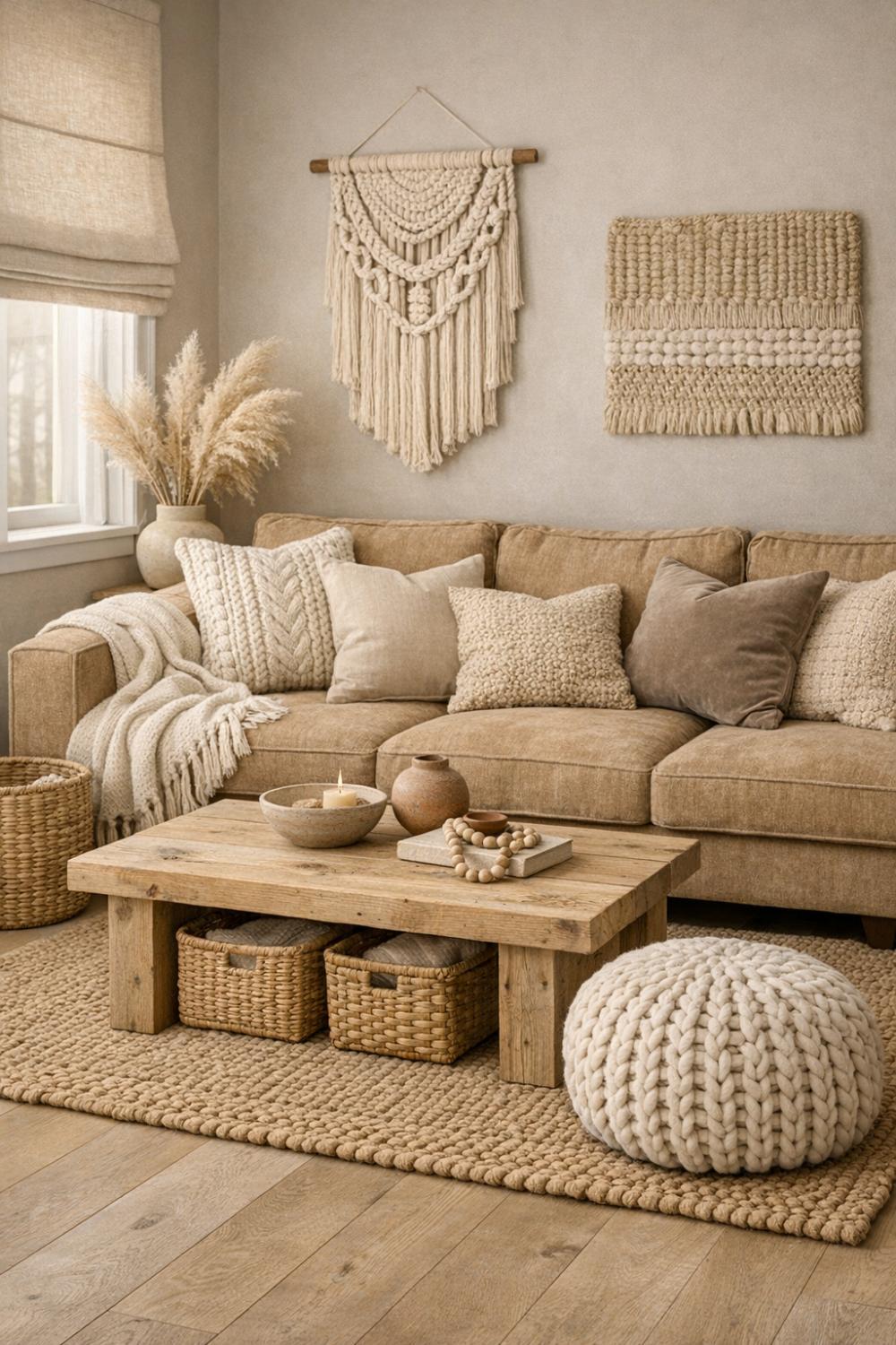 Neutral Tan Sofa Living Room With Layered Textures