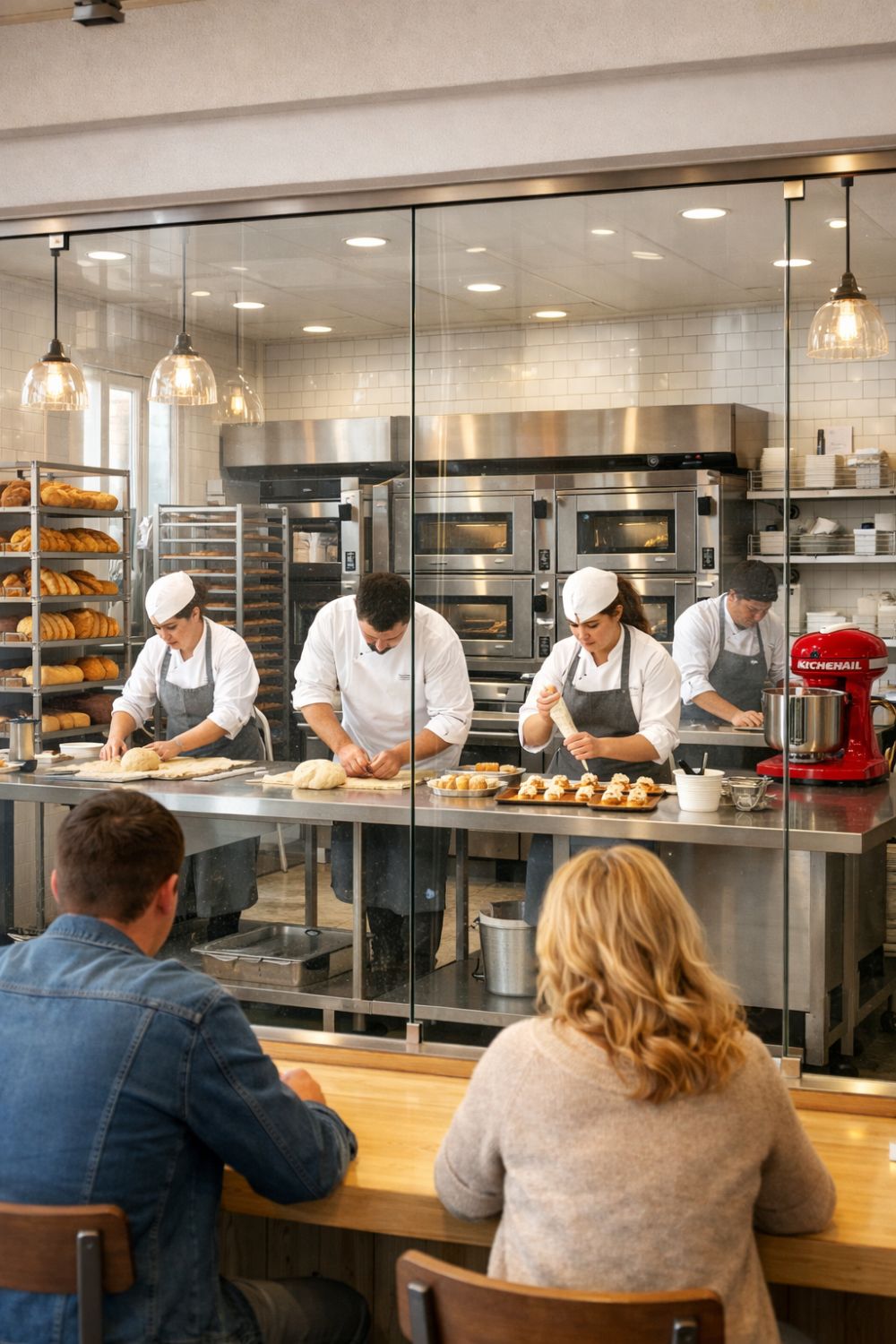 Open Kitchen Bakery Layout With Glass Partition Windows