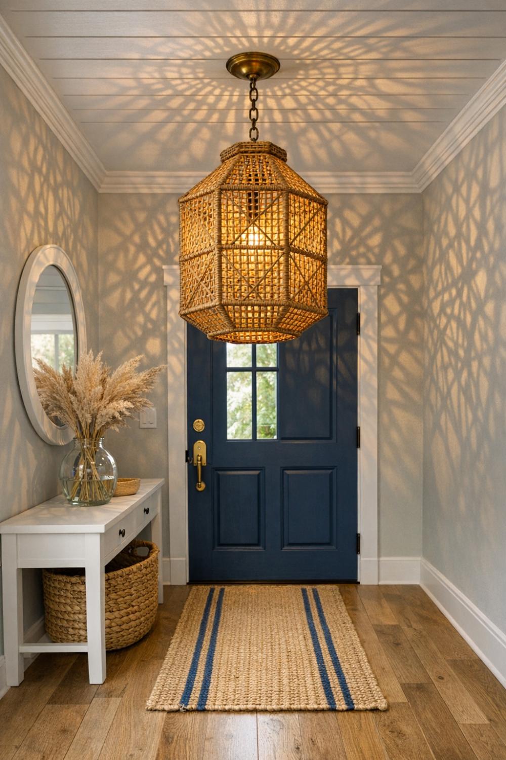 Rattan Lantern Pendant In Coastal Entryway