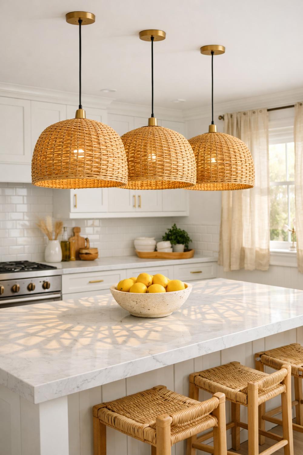 Rattan Pendant Lights Over White Kitchen Island