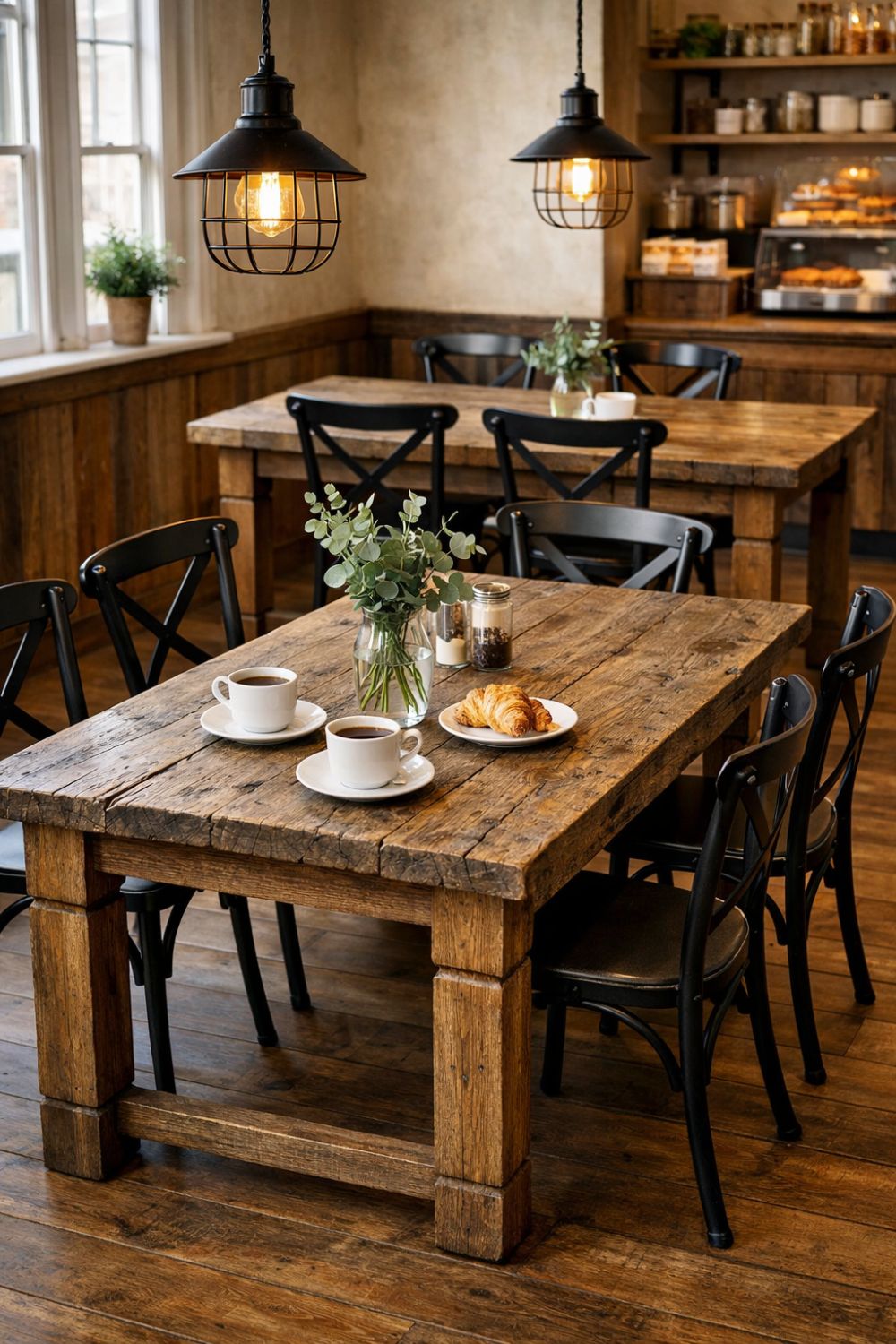 Rustic Farm Table Bakery Seating With Industrial Metal Chairs