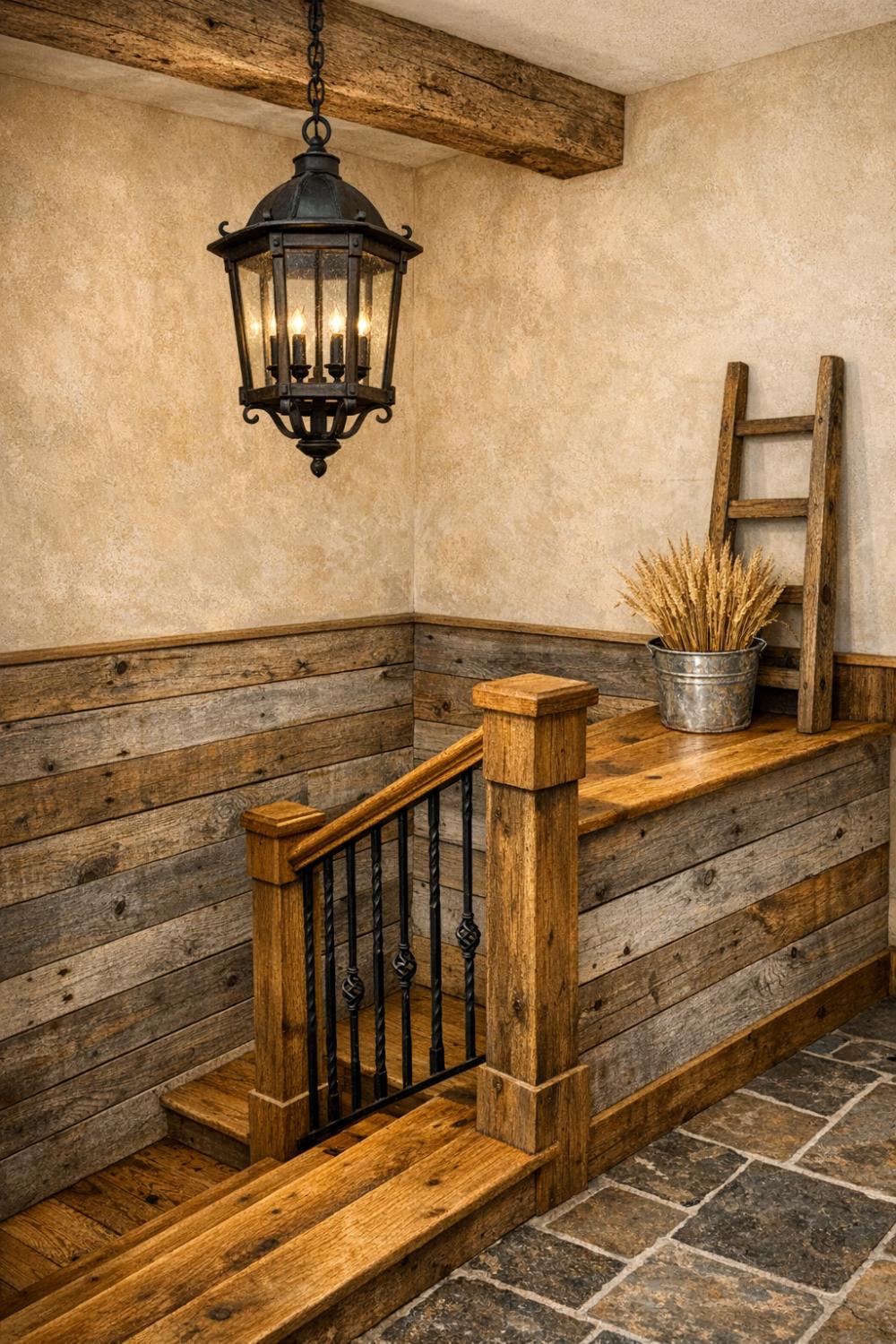 Rustic Reclaimed Wood Wainscoting Stairs With Natural Finish