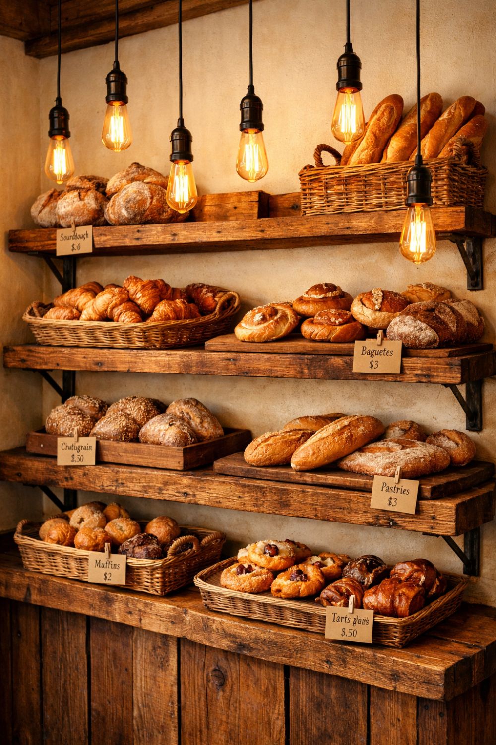 Rustic Wood Bakery Shelving With Edison Bulb Pendant Lights