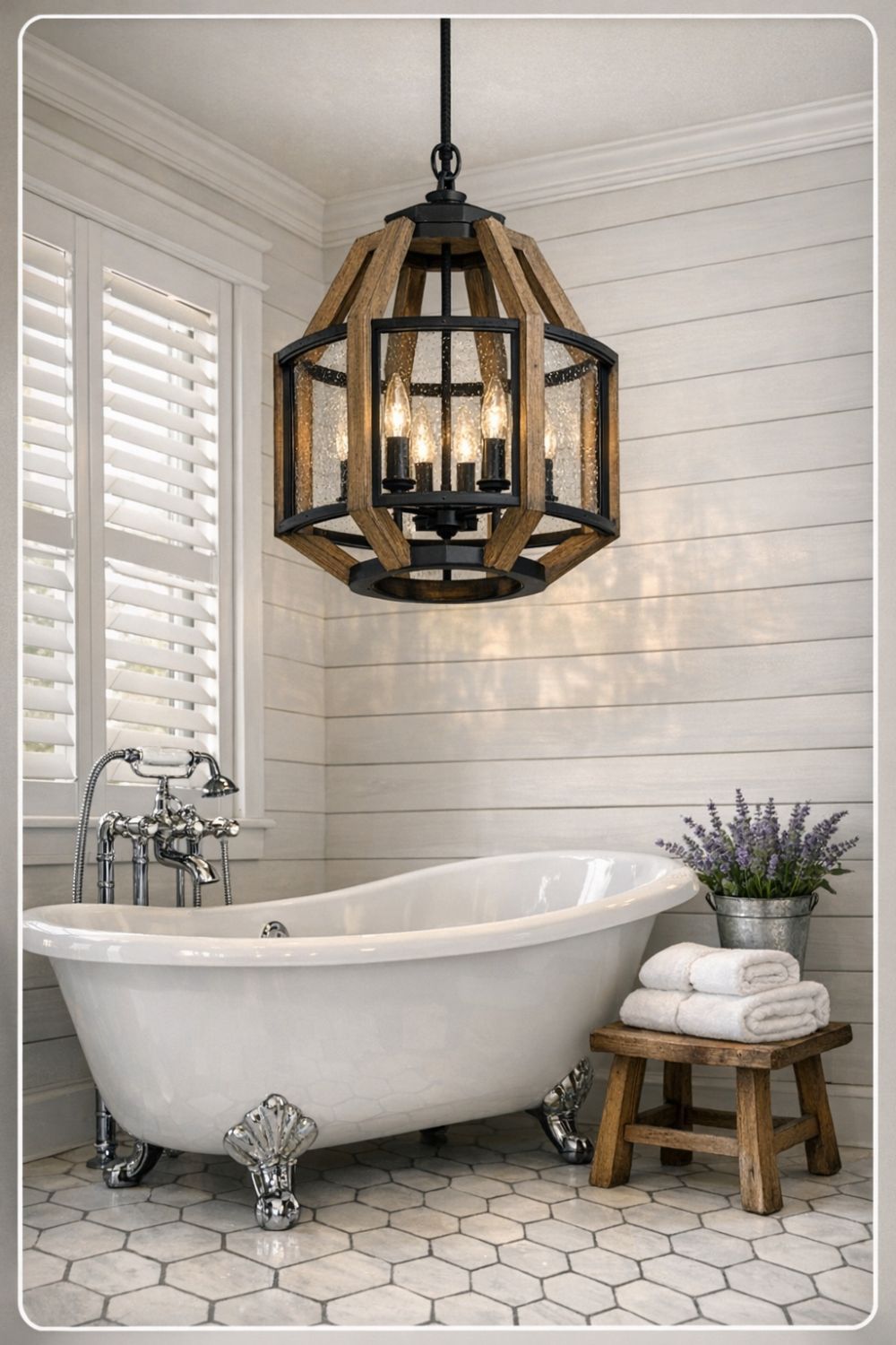 Rustic Wood And Metal Pendant Lights Over Soaking Tubs