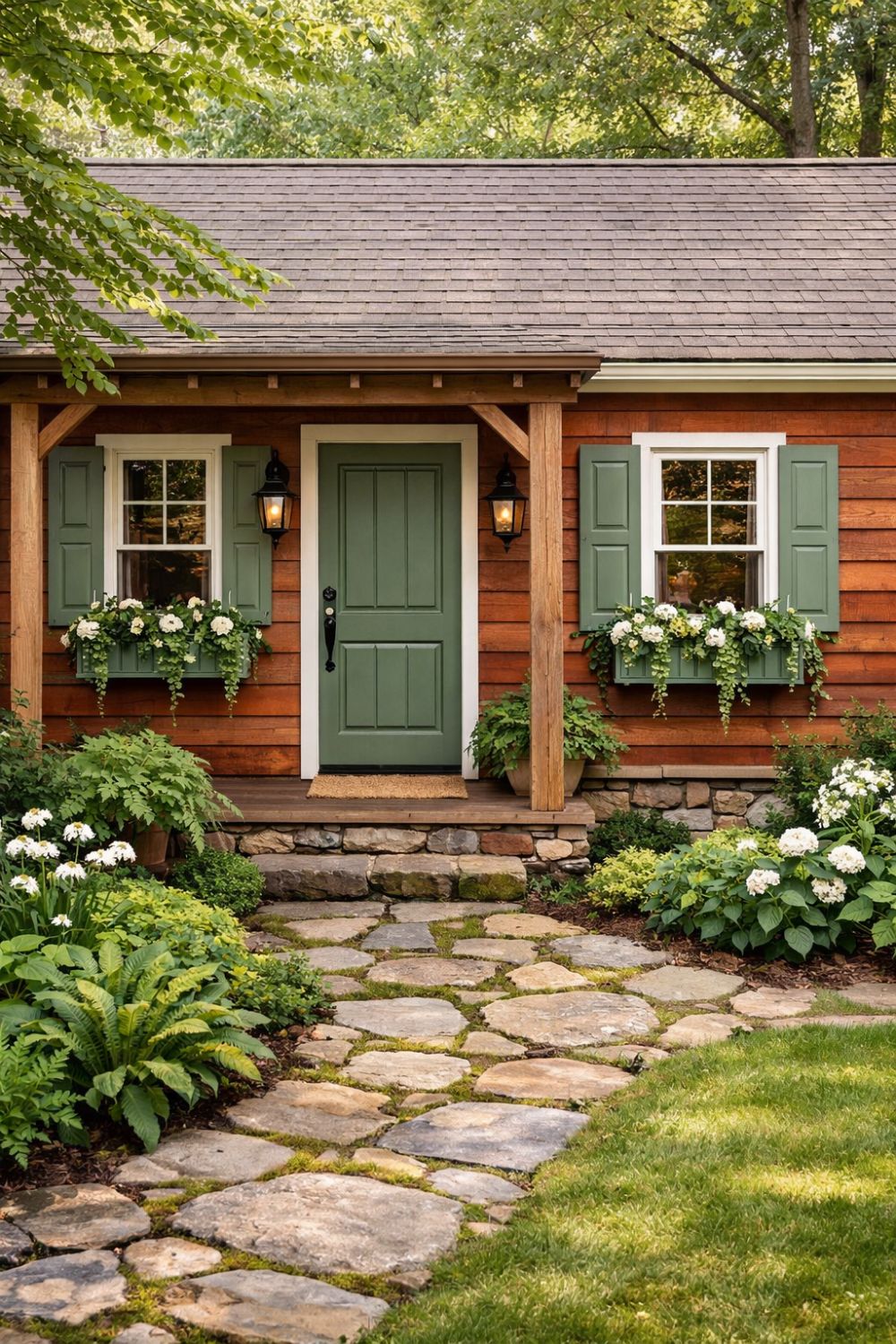 Sage Green Door And Shutters Cedar Siding Rustic Cottage