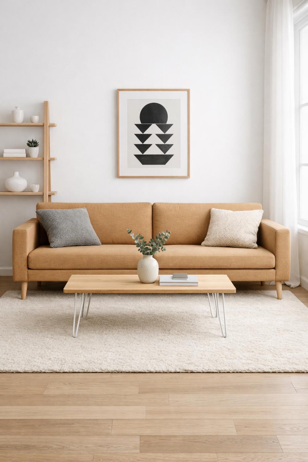 Scandinavian Minimalist Tan Sofa With Blonde Wood Furniture