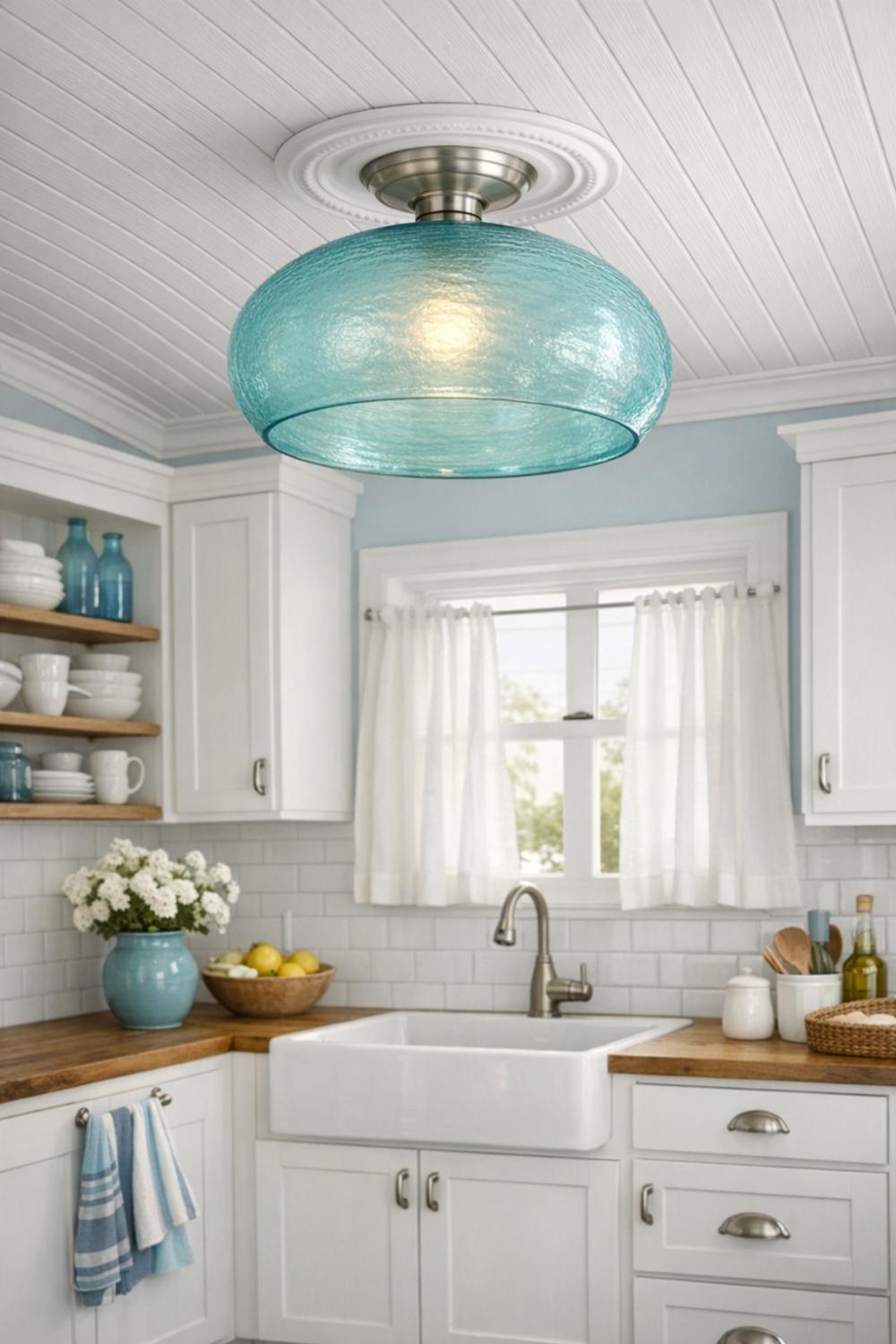 Seafoam Blue Glass Flush Mount Light In Coastal Kitchen