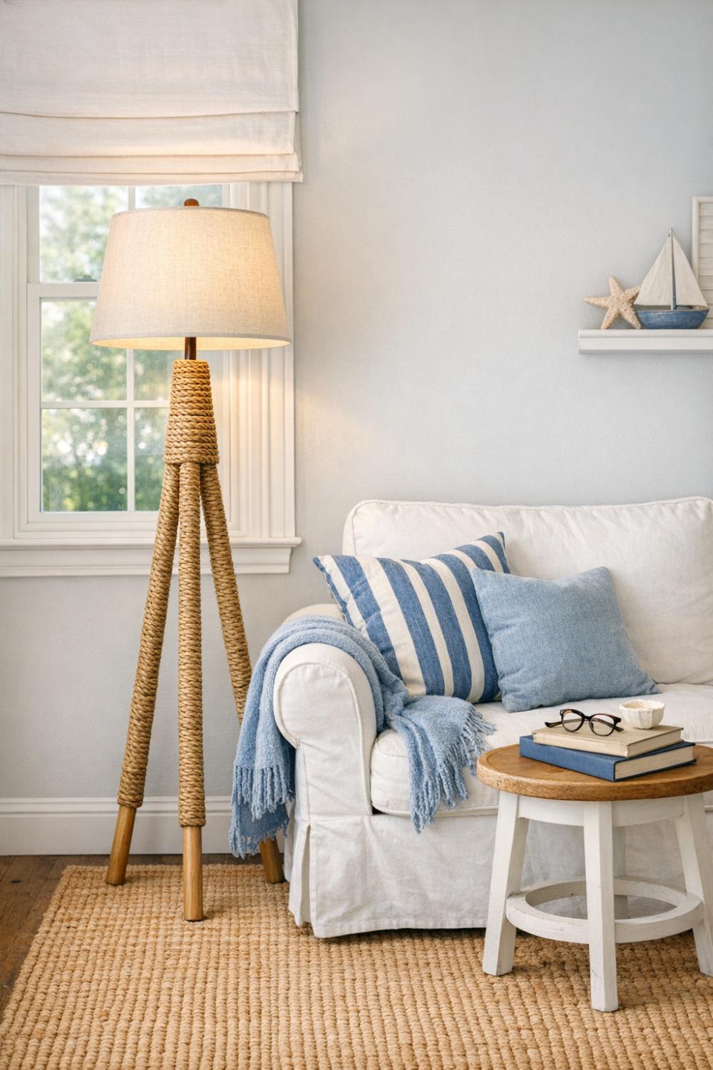 Seagrass Floor Lamp In Coastal Reading Nook