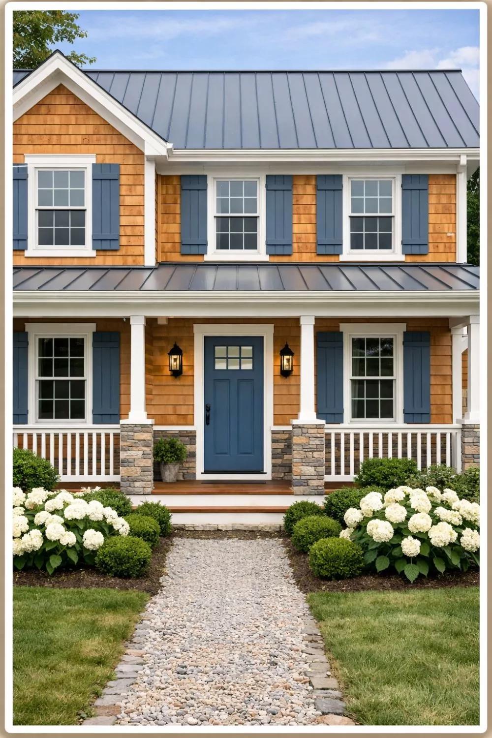 Slate Blue Shutters White Trim Cedar Siding Farmhouse