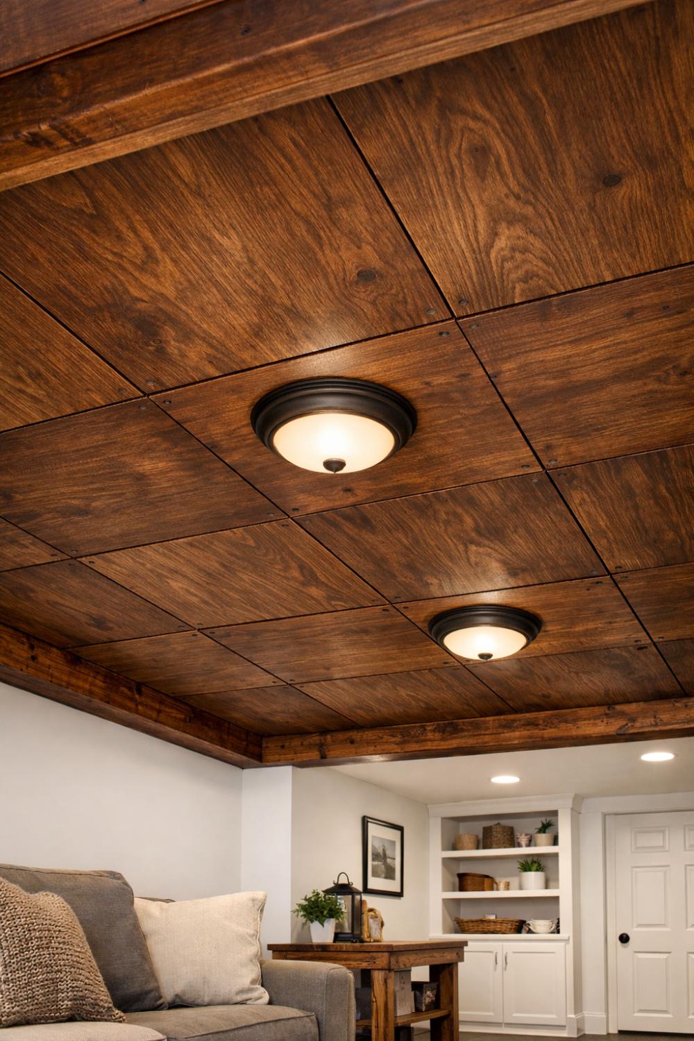 Stained Plywood Panel Ceiling Budget Low Basement DIY