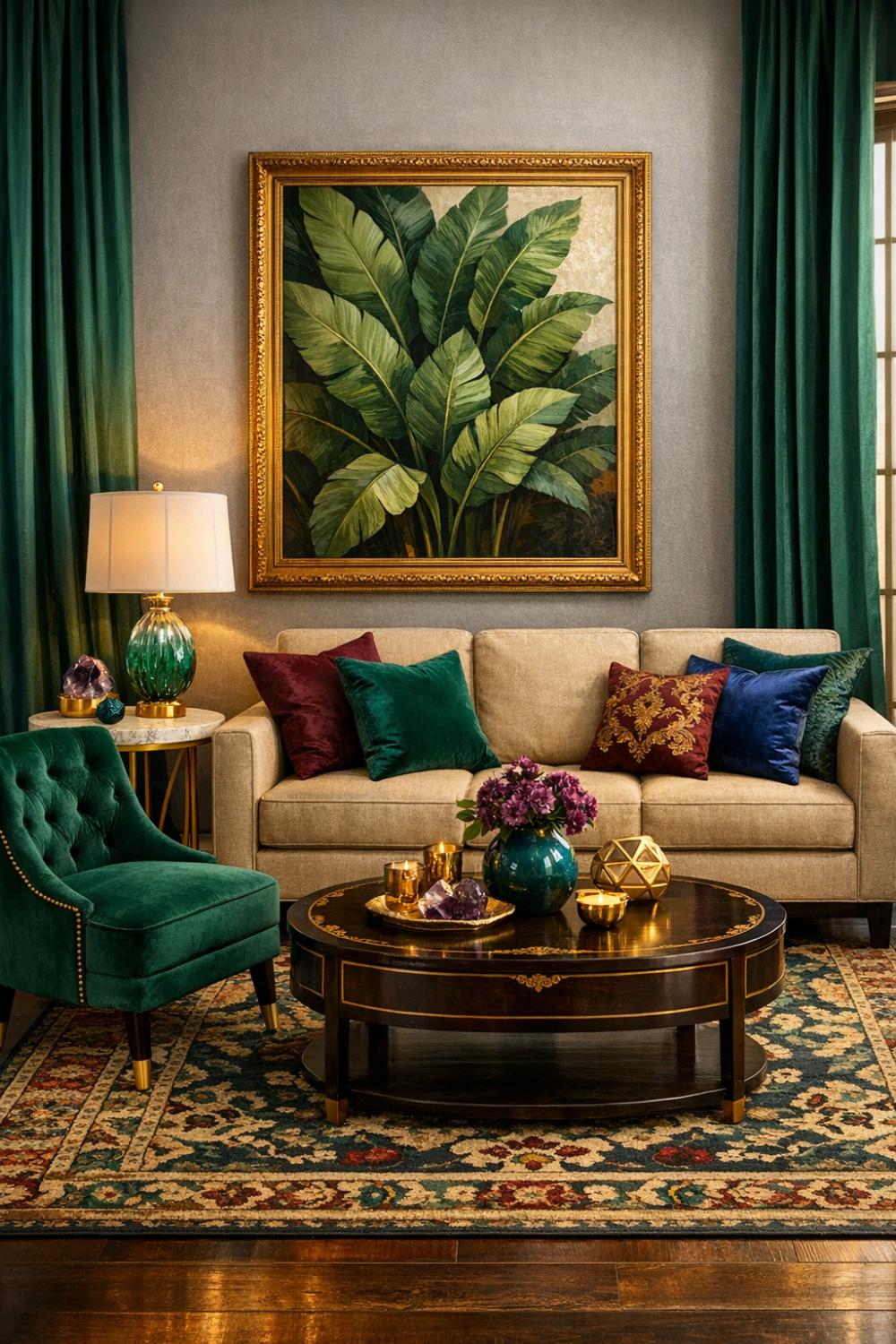 Tan Sofa Living Room With Emerald Green Velvet Accents