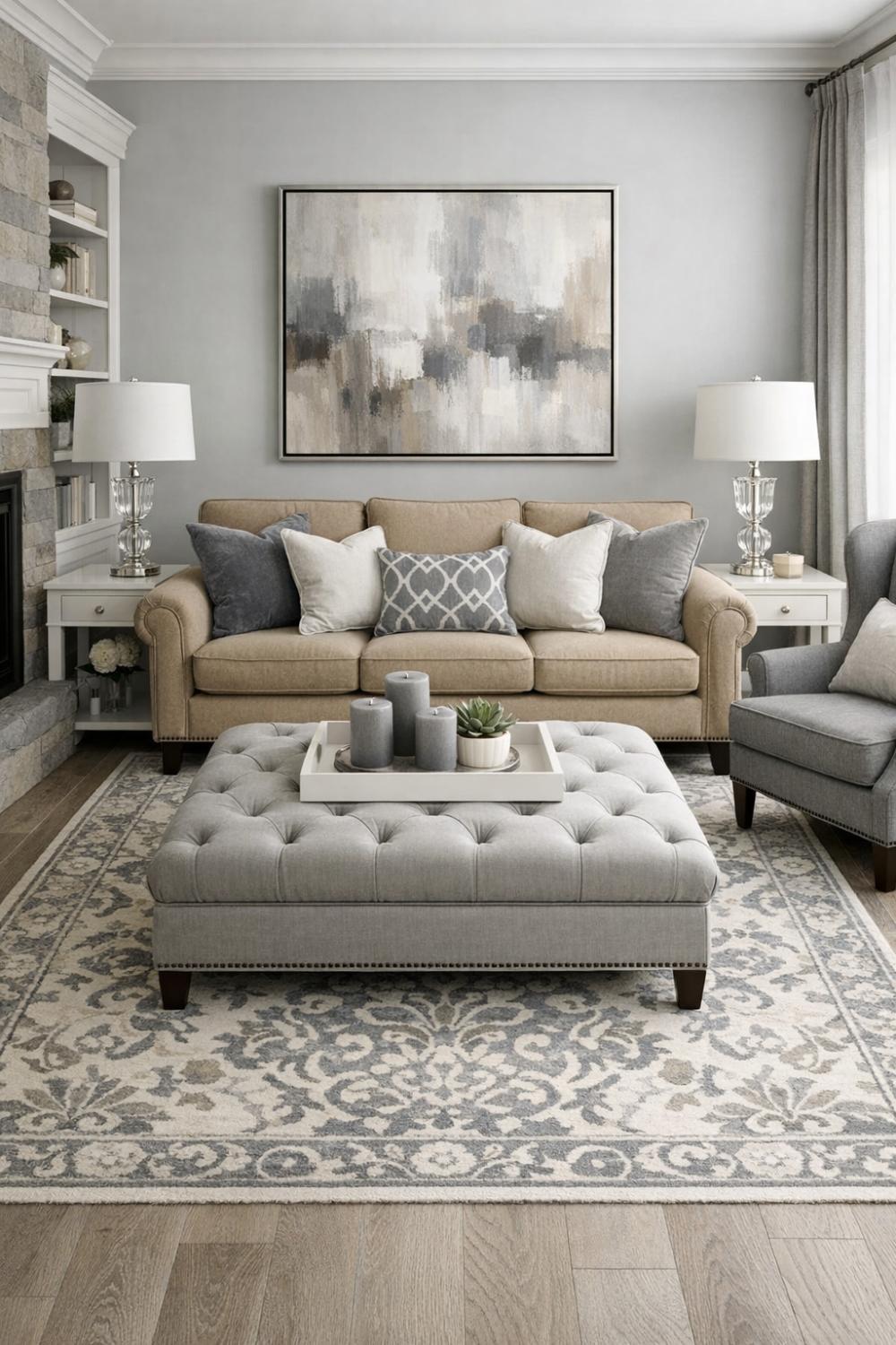 Transitional Tan Sofa With Gray And White Decor