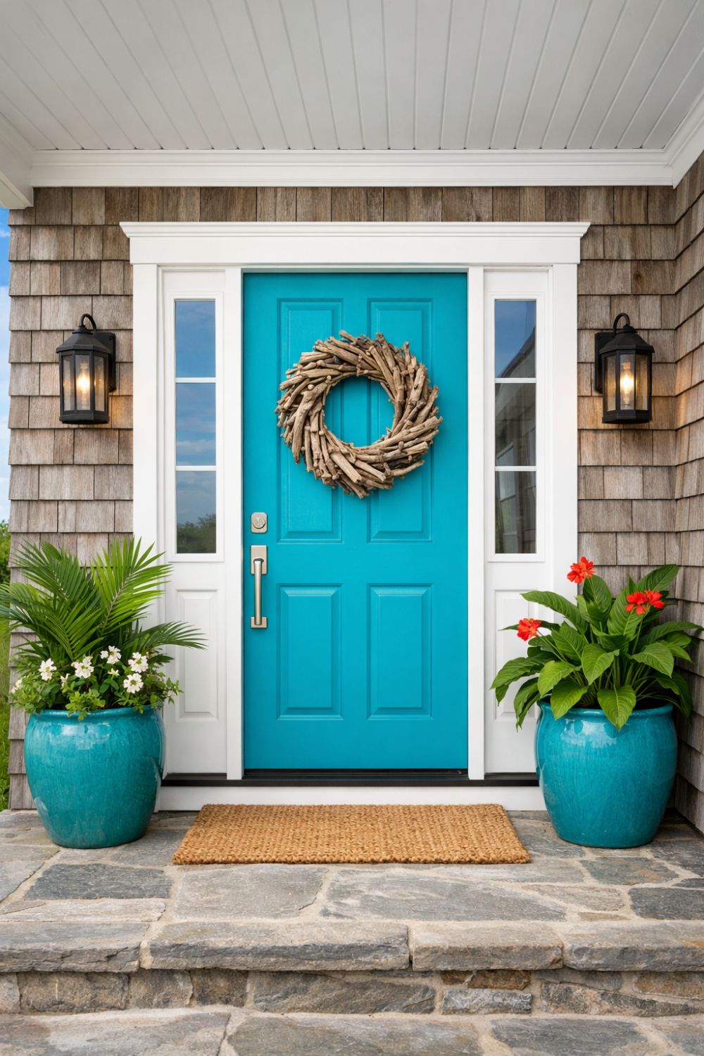 Turquoise Blue Front Door Natural Cedar Siding Beach House