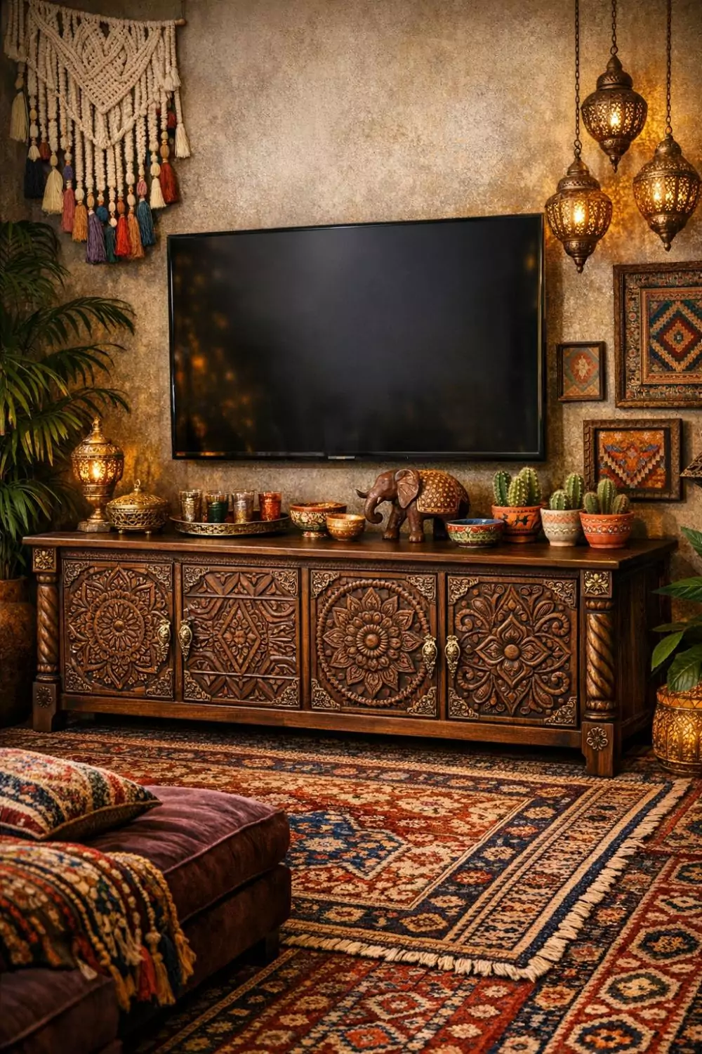 Vintage Boho Media Console With Hand Carved Wood Details
