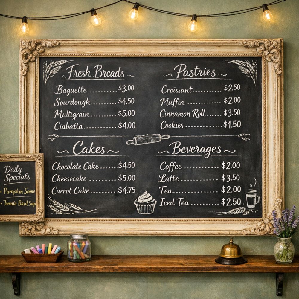 Vintage Framed Chalkboard Menu Wall In Bakery Shop Design