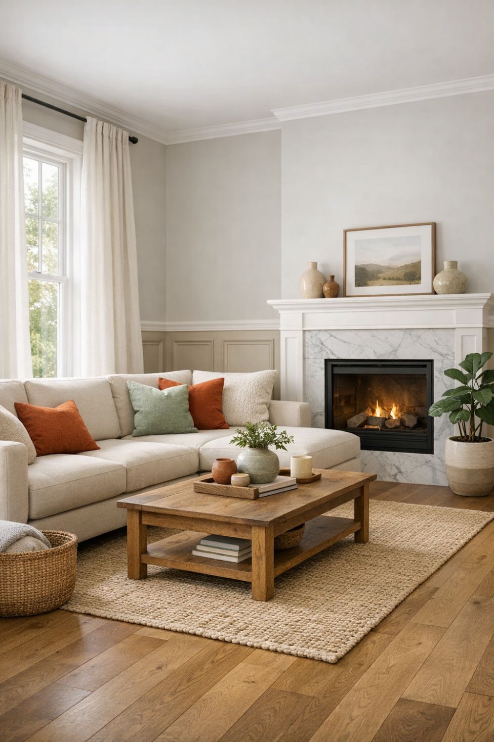 Warm Neutral Beige And Taupe Wainscoting In Living Room