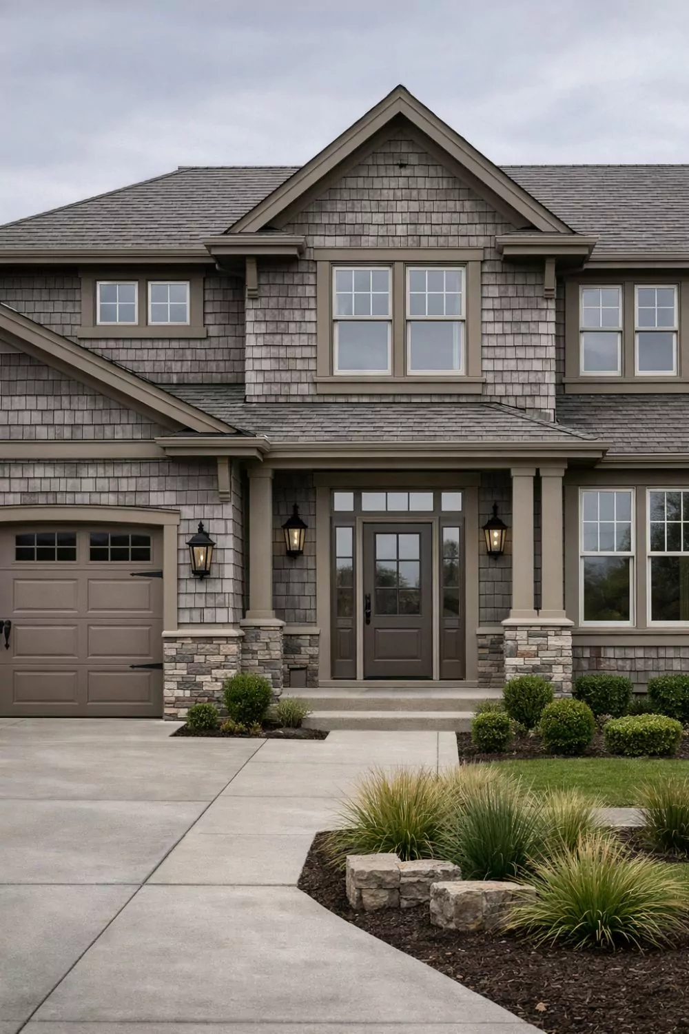 Warm Taupe Trim On Cedar Siding Transitional Home Exterior