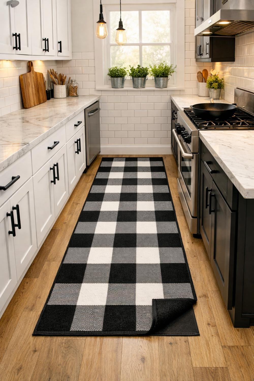 Washable Buffalo Check Farmhouse Kitchen Runner