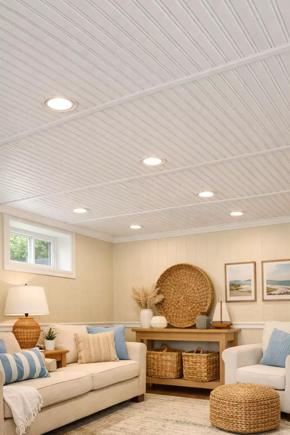 White Beadboard Ceiling Panels For Low Basement