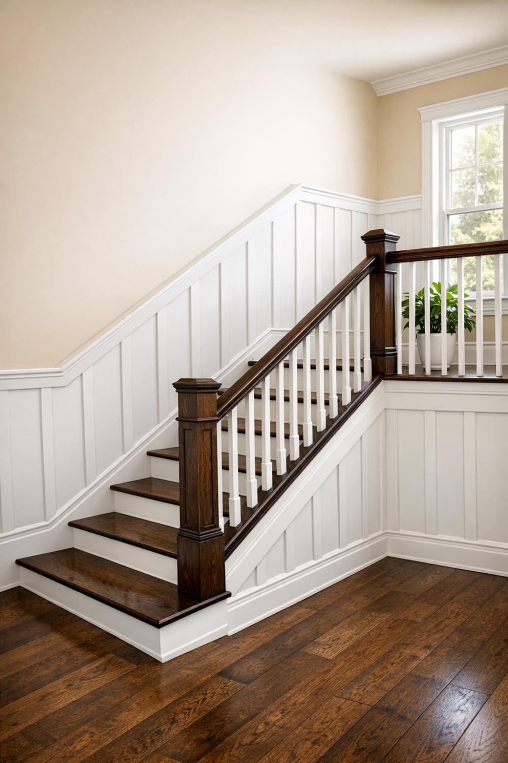White Board And Batten Wainscoting Stairs With Dark Wood Treads