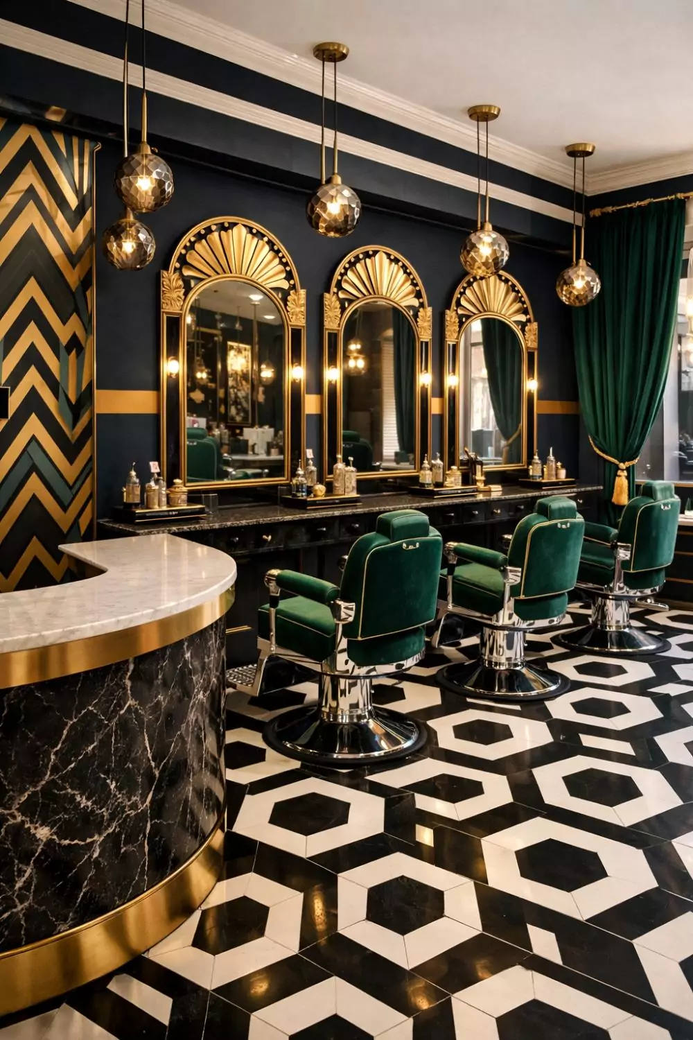 Art Deco Barber Shop With Bold Geometric Tiles And Gold Mirrors