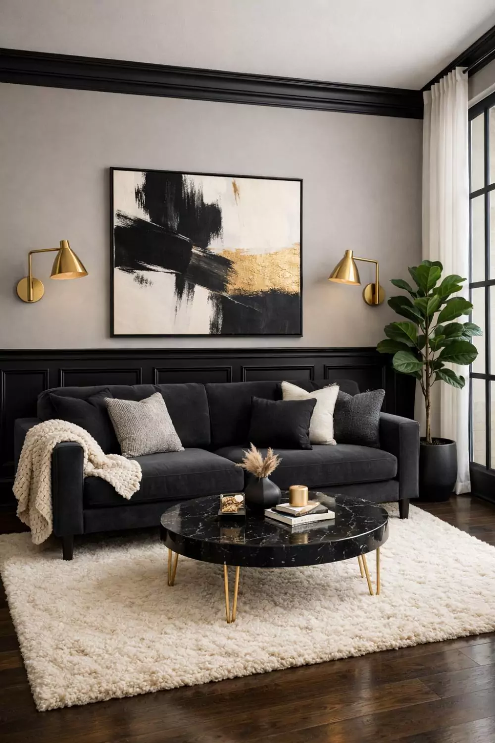 Black Raised Panel Wainscoting With Gray Walls In A Modern Living Room