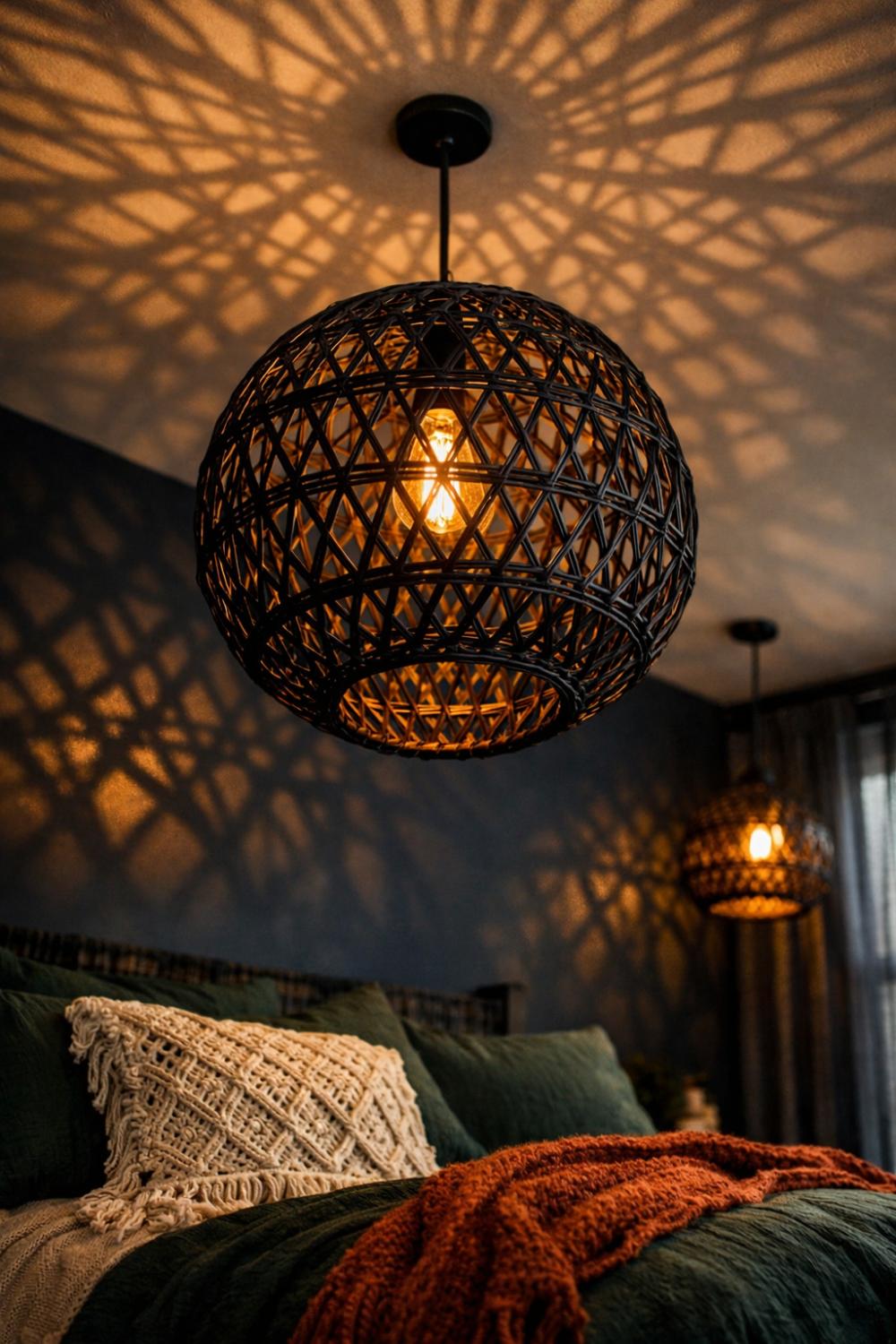 Black Rattan Pendant Lamp For Dark Boho Room Decor