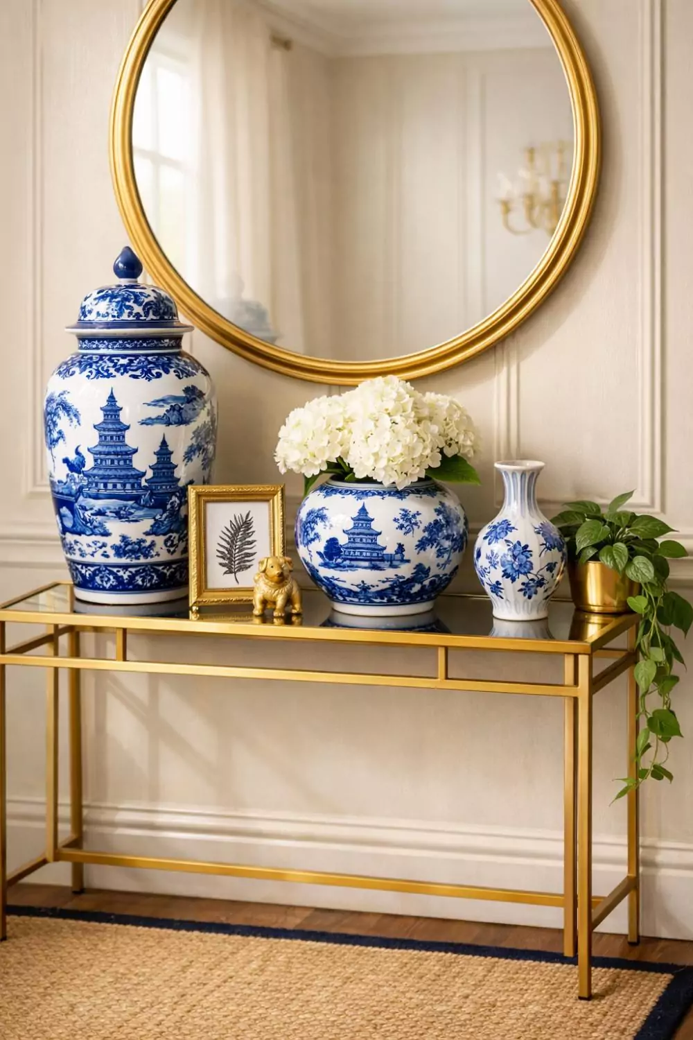 Blue Chinoiserie Vases On A Gold Console Table Display