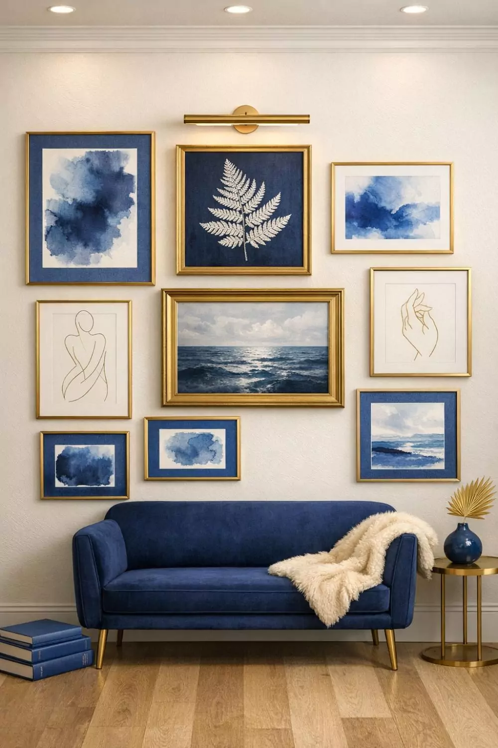 Blue And Gold Gallery Wall With Mixed Frames In A Living Room