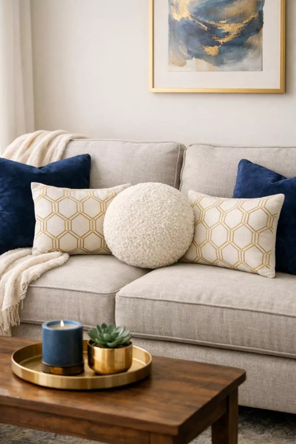 Blue And Gold Throw Pillows Styled On A Neutral Sofa