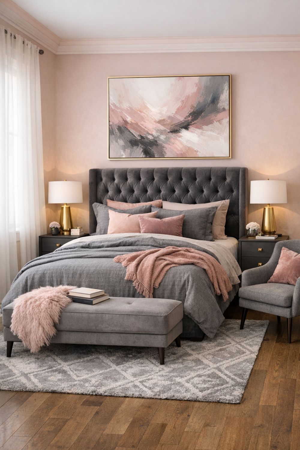 Blush Pink And Grey Bedroom With Velvet Headboard