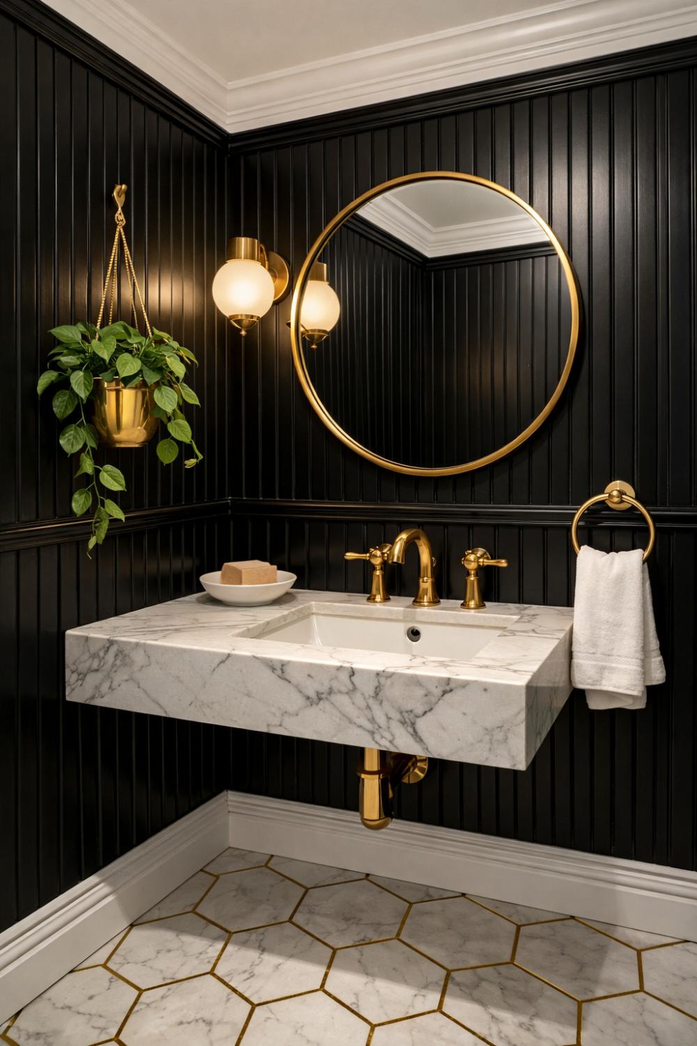 Bold Black DIY Beadboard Wainscoting In A Dramatic Powder Room