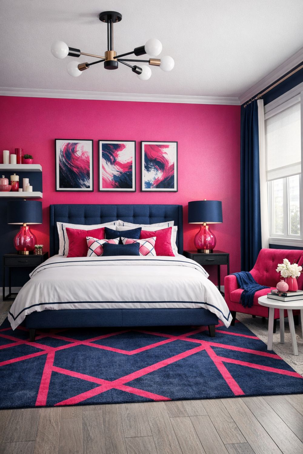 Bold Hot Pink And Navy Blue Bedroom Design