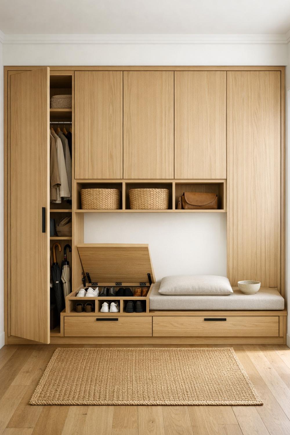 Built In Mudroom Cabinets With Hidden Shoe Storage Japandi Style