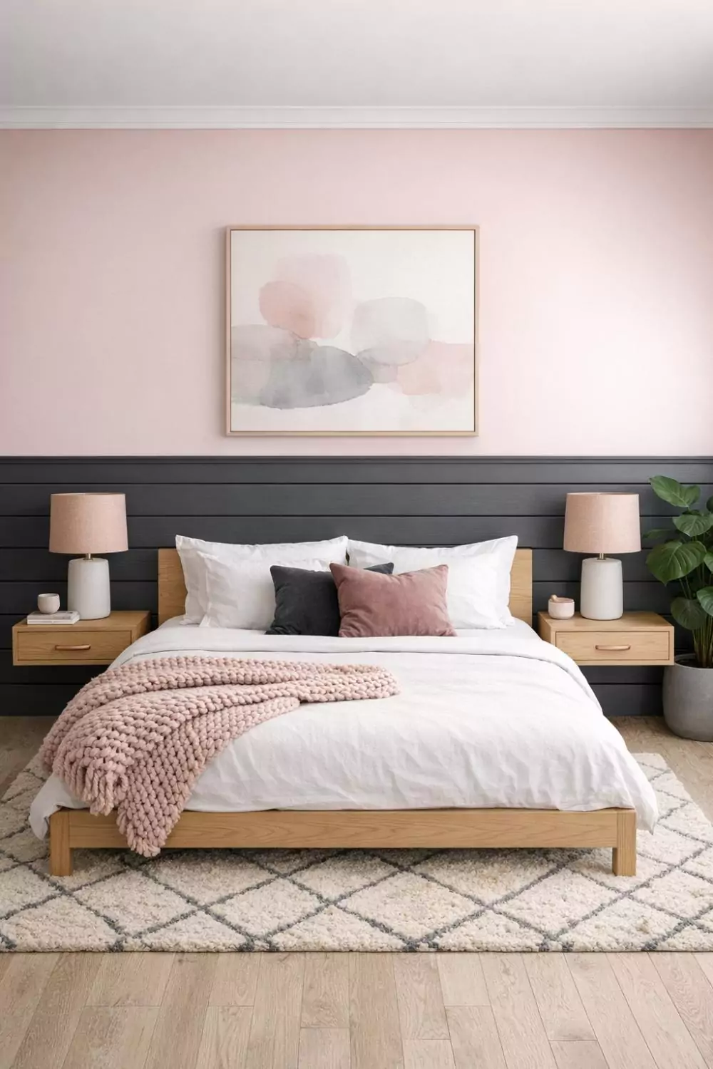 Charcoal Gray Shiplap Wainscoting With Blush Pink Walls In A Modern Bedroom