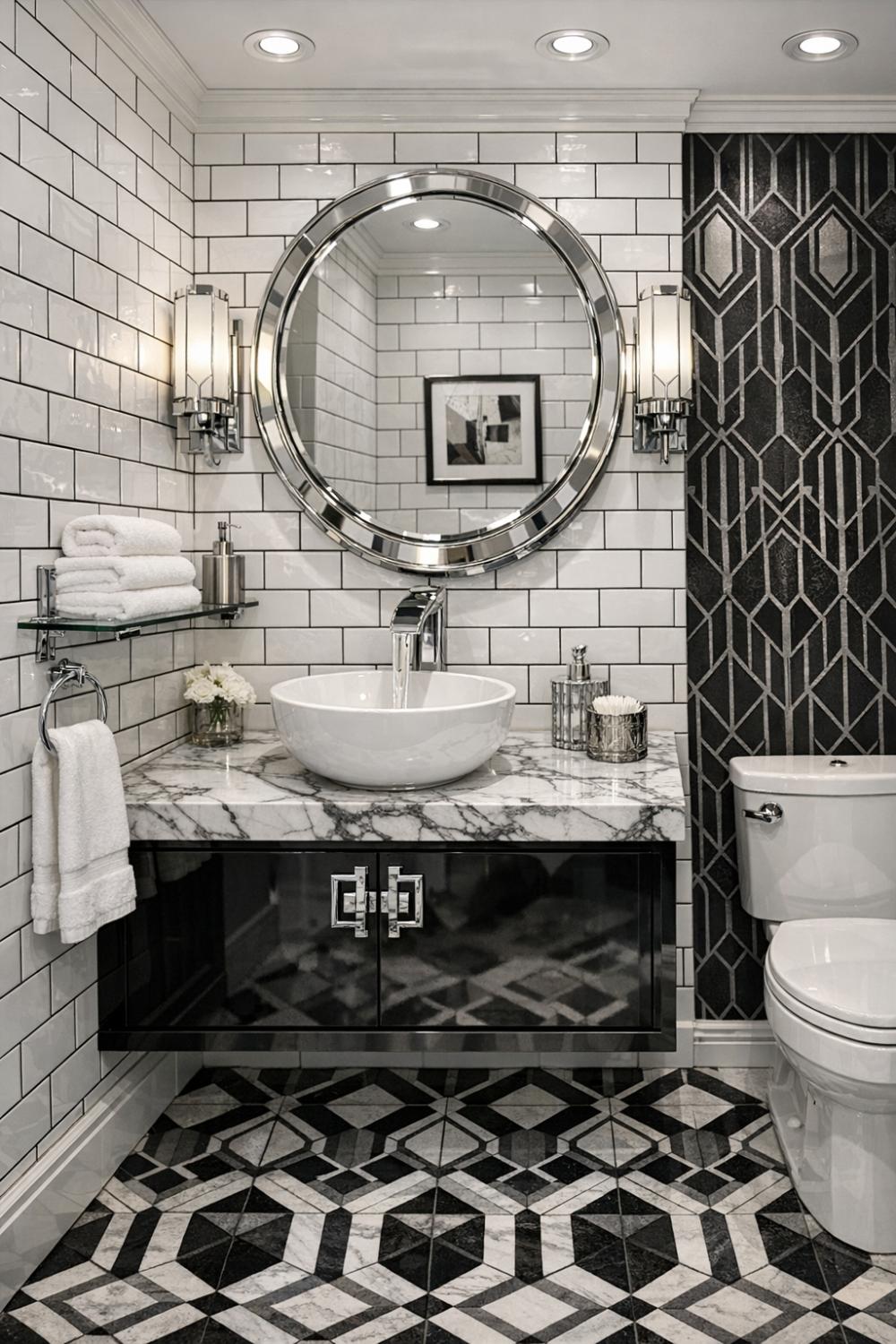 Chic Chrome And Marble Art Deco Powder Room With Geometric Tiles