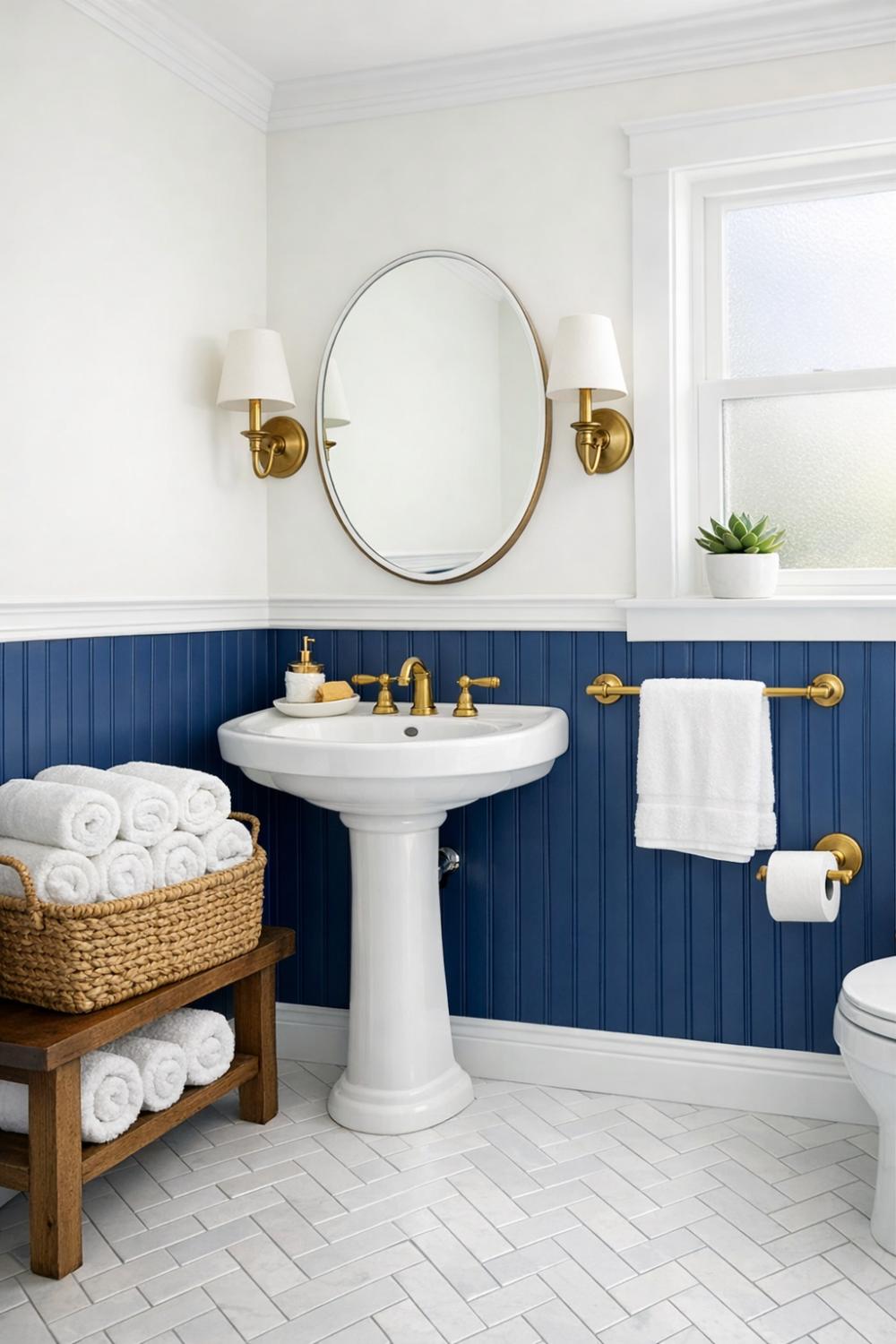 Coastal Navy Beadboard DIY Wainscoting In A Bright Bathroom