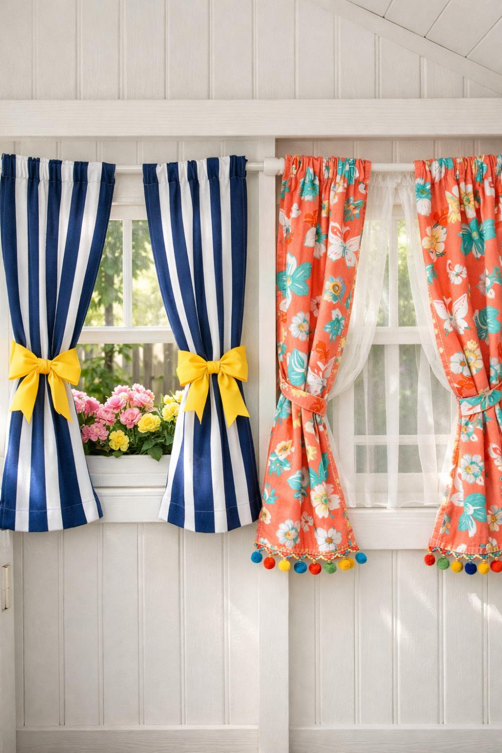 Colorful Striped And Floral Playhouse Window Curtains