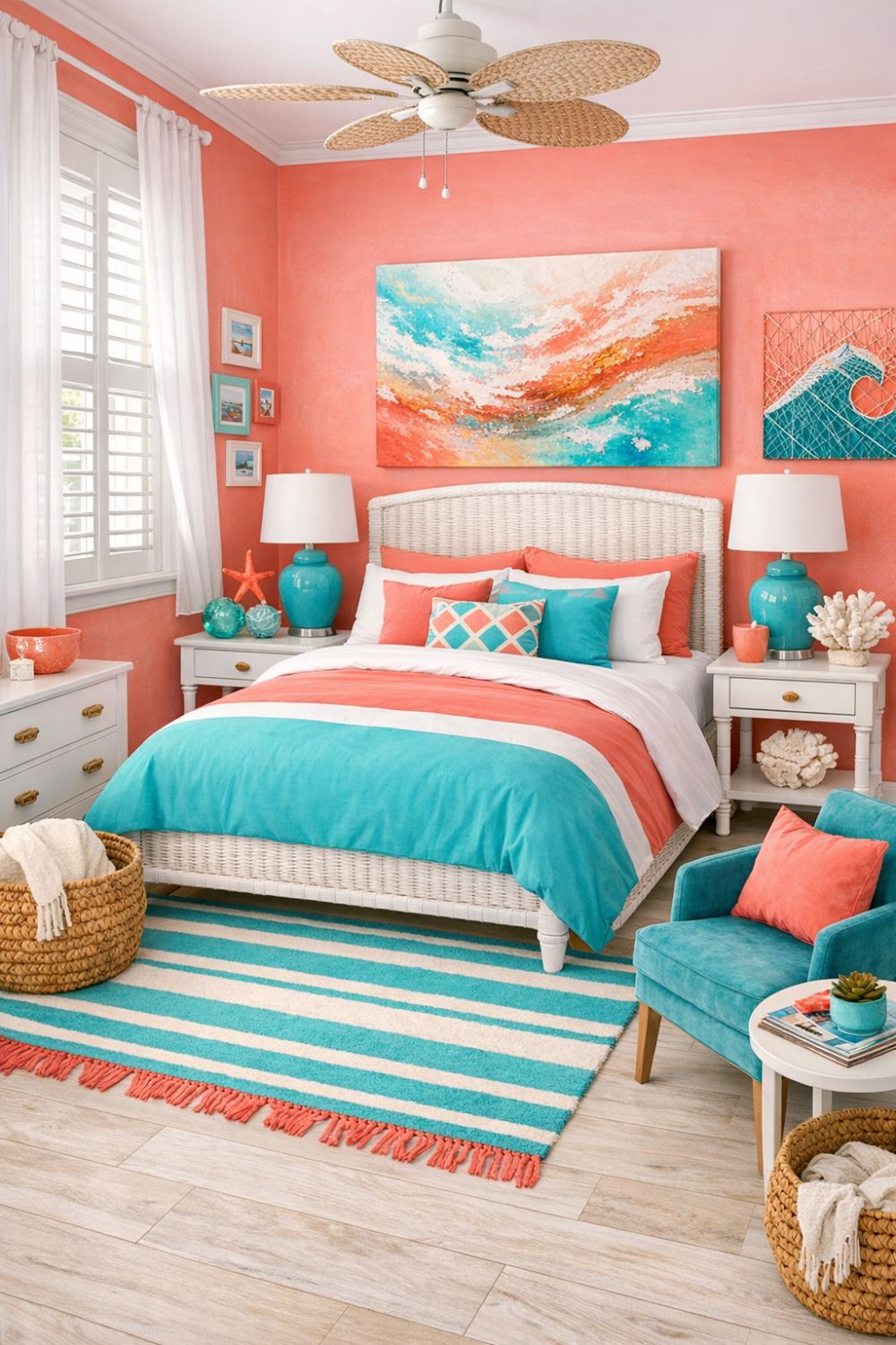 Coral Pink And Turquoise Coastal Bedroom