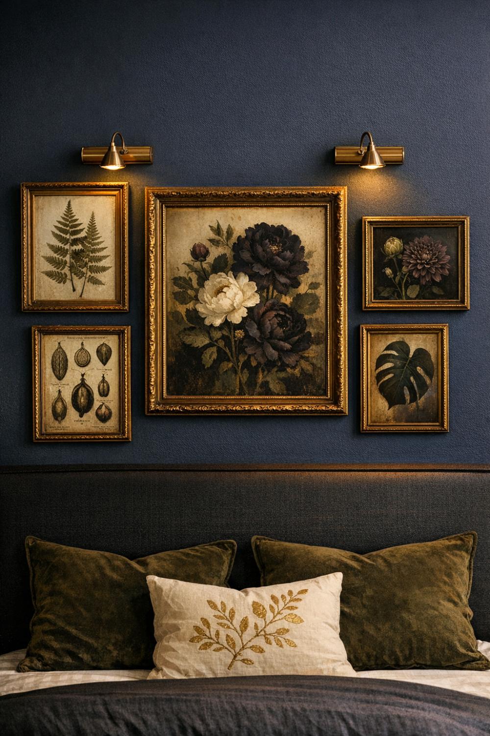 Dark Botanical Gallery Wall With Gold Frames For Boho Decor