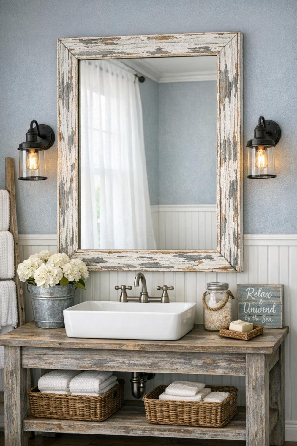 Distressed White Washed Wood Mirror For Coastal Farmhouse Bathroom