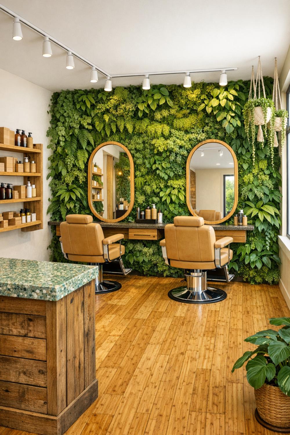 Eco Friendly Barber Shop With Living Plant Wall And Bamboo Floors