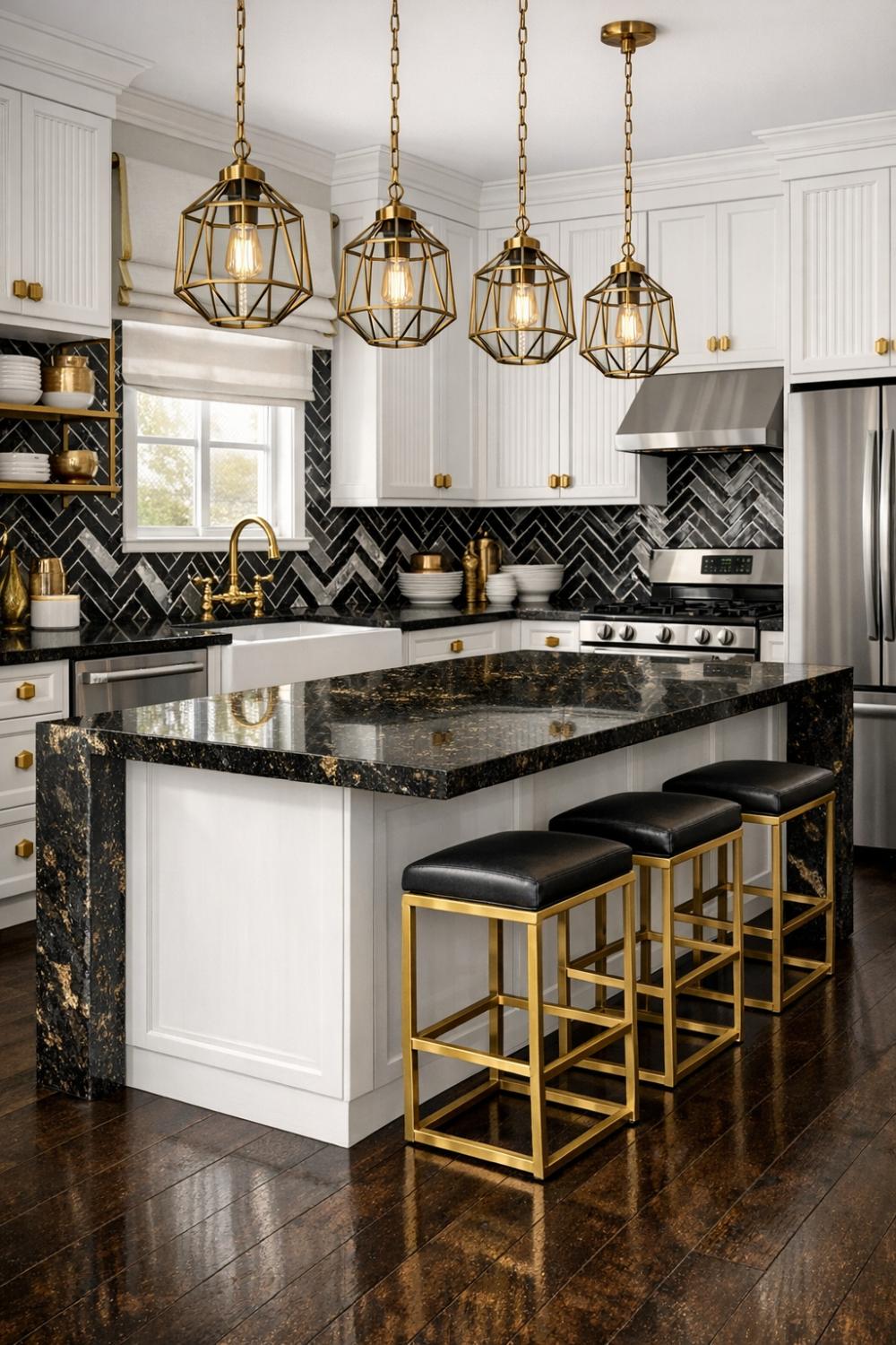 Elegant Art Deco Kitchen With Brass Hardware And Streamlined Cabinets