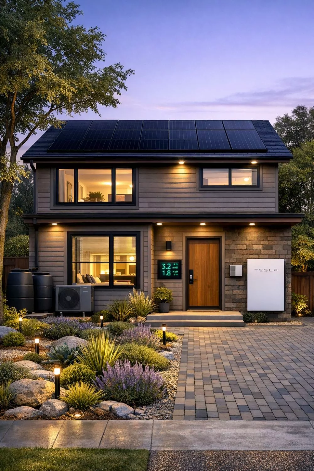 Energy Efficient Home With Solar Panels, Triple Glazed Windows, Heat Pump System, And Sustainable Landscaping
