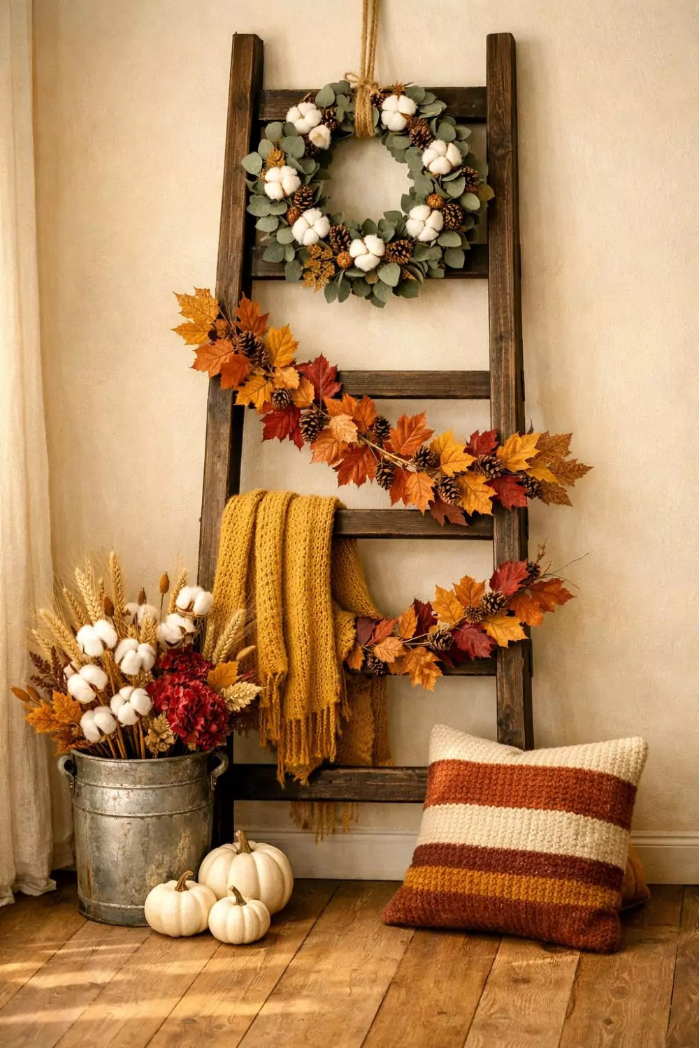 Farmhouse Ladder Decorated With Eucalyptus Wreath And Seasonal Garland For Fall