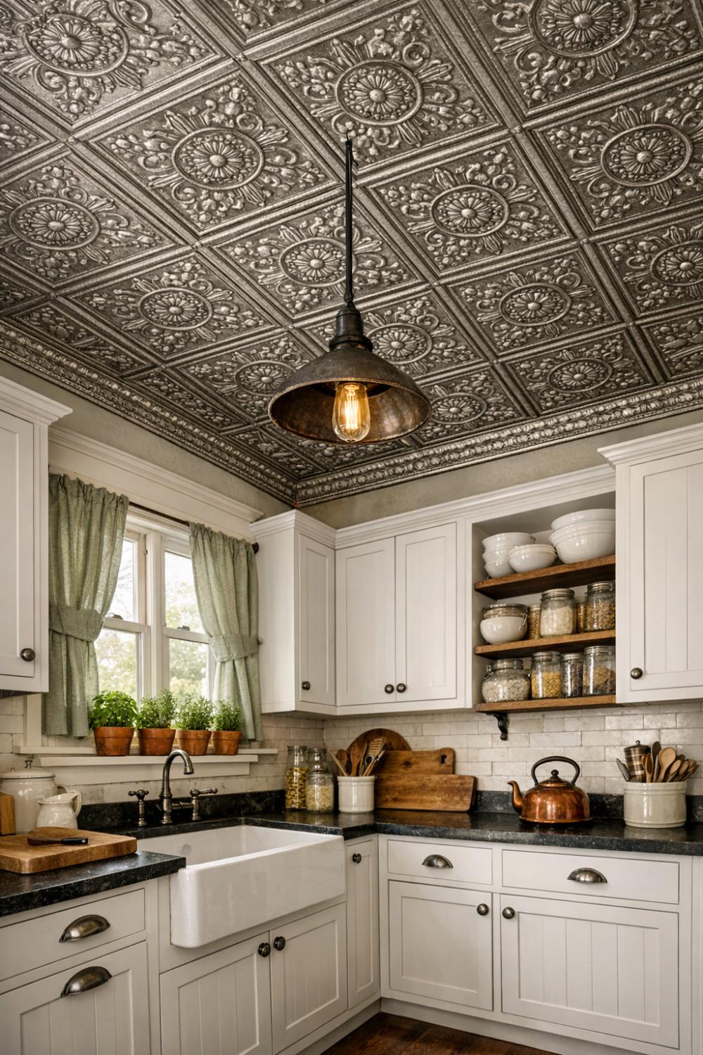 Faux Tin Foam Ceiling Tiles In A Vintage Inspired Kitchen