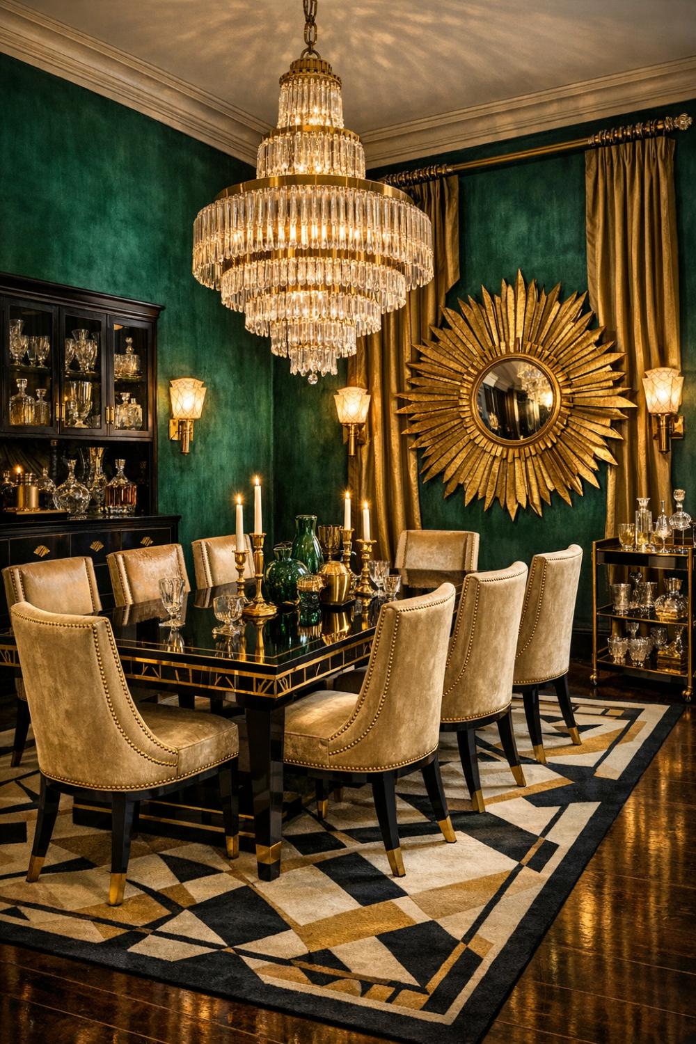 Glamorous Emerald Green Art Deco Dining Room With Crystal Chandelier