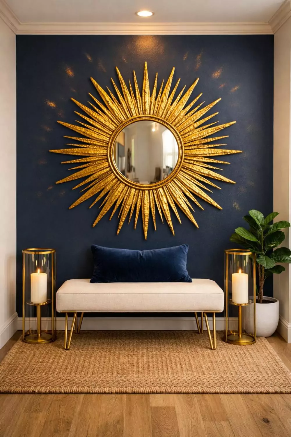 Gold Sunburst Mirror On A Navy Blue Accent Wall